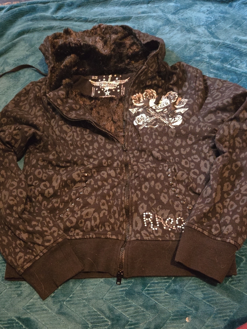 Rock & Roll Cowgirl Black Leopard Print Womans' Zip Hoodie